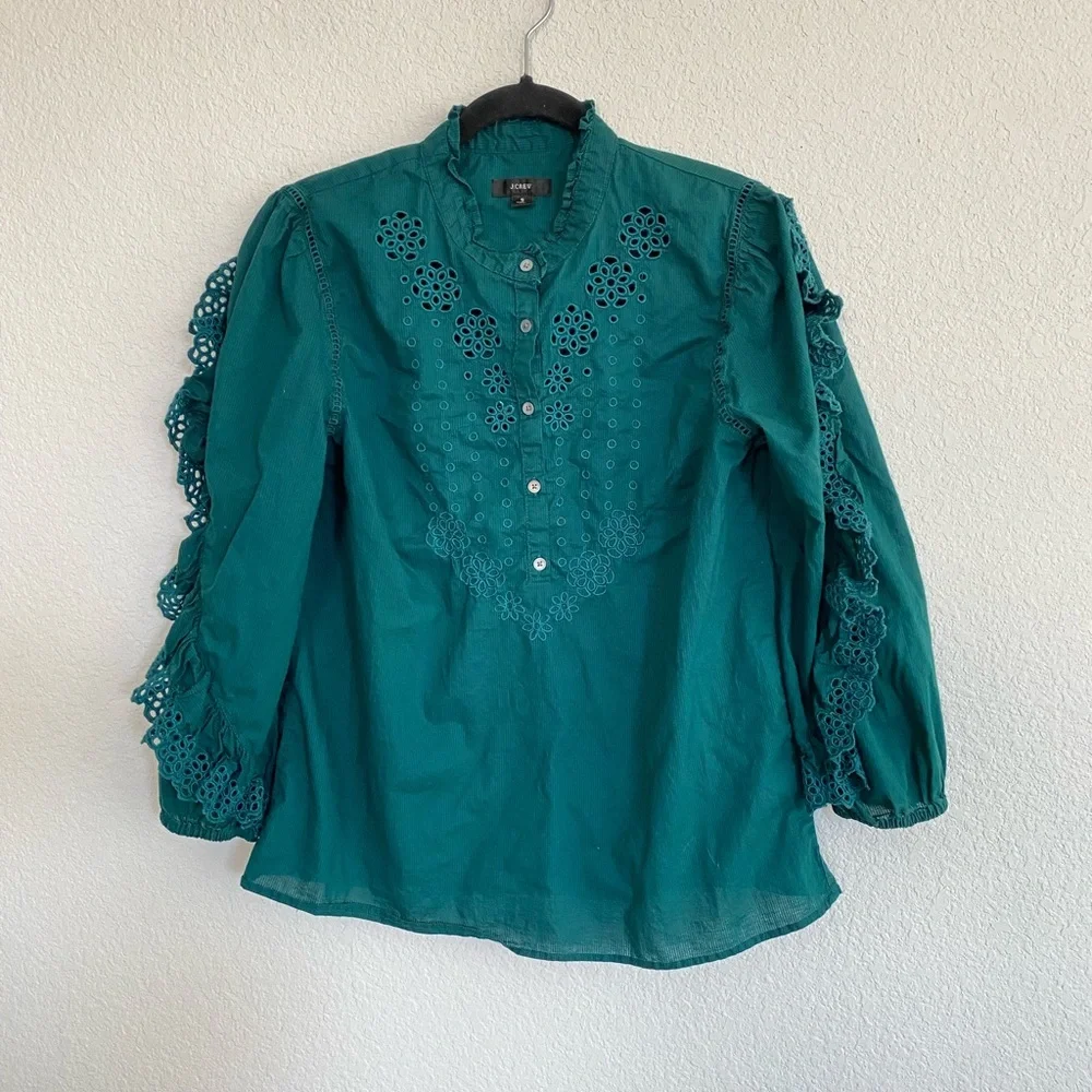 J. Crew Ruffle Eyelet Long Sleeve Blouse Emerald Green Embroidered Spring Preppy
